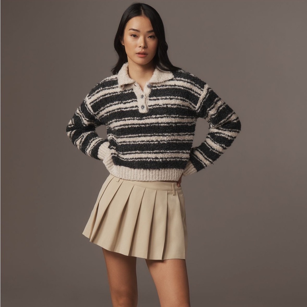 MAEVE ANTHROPOLOGIE Striped Polo Sweater in Black and White with Buttons - Picture 3 of 10